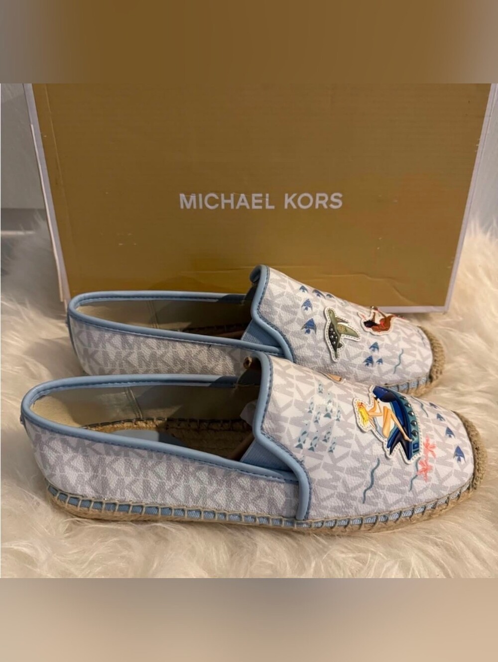 Michael Kors Light Blue Canvas Logo Espadrilles with Embroidered Patches